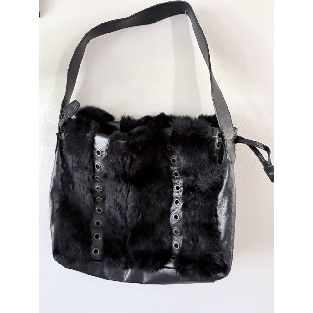 Guia's Purse  Shoulder Bag Tote Boho Genuine Leather Blk Faux Fur Made in Italy.